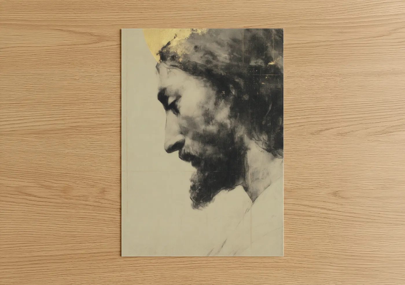Jesus christ art print on warm oak wood — black and white and champagne gold palette — Bearded Prophet Profile poster