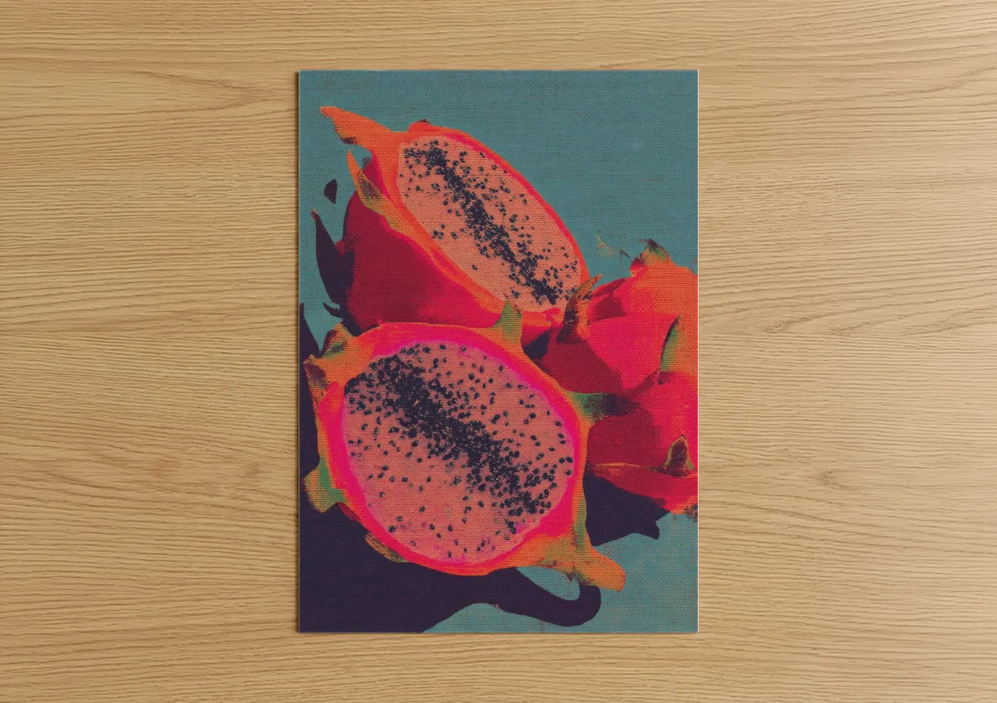 Art print on warm oak wood — blue and gold and magenta palette — Dragon Fruit Vibrant poster