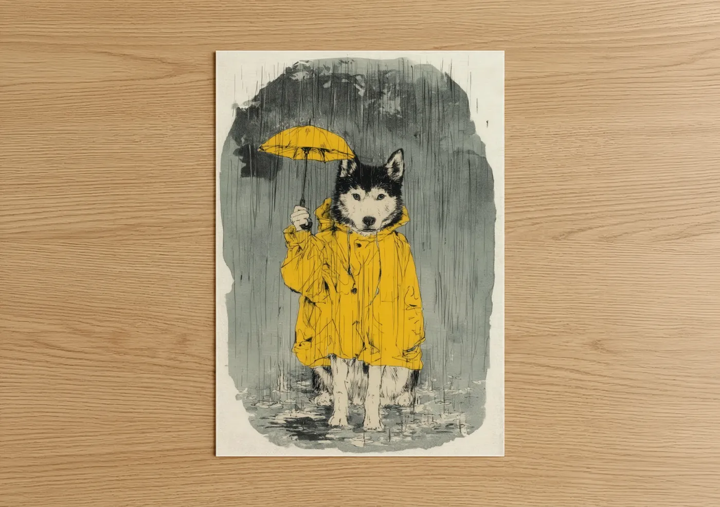 Husky In Rain Yellow Raincoat Wall Art