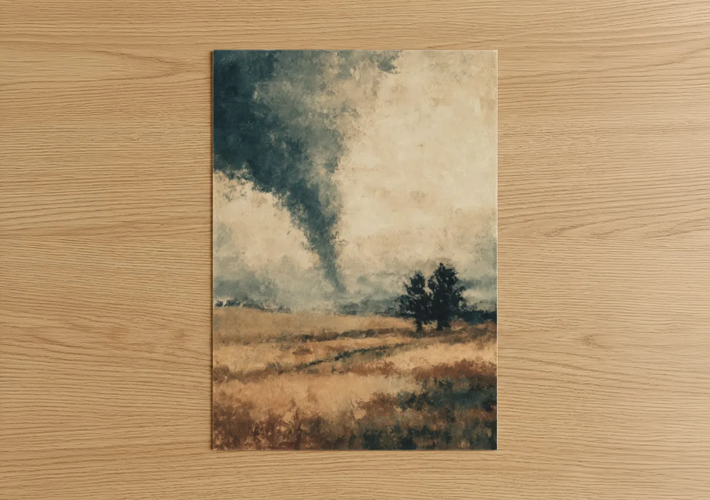 Art print on warm oak wood — gray and beige palette — Stormy Tornado Landscape poster