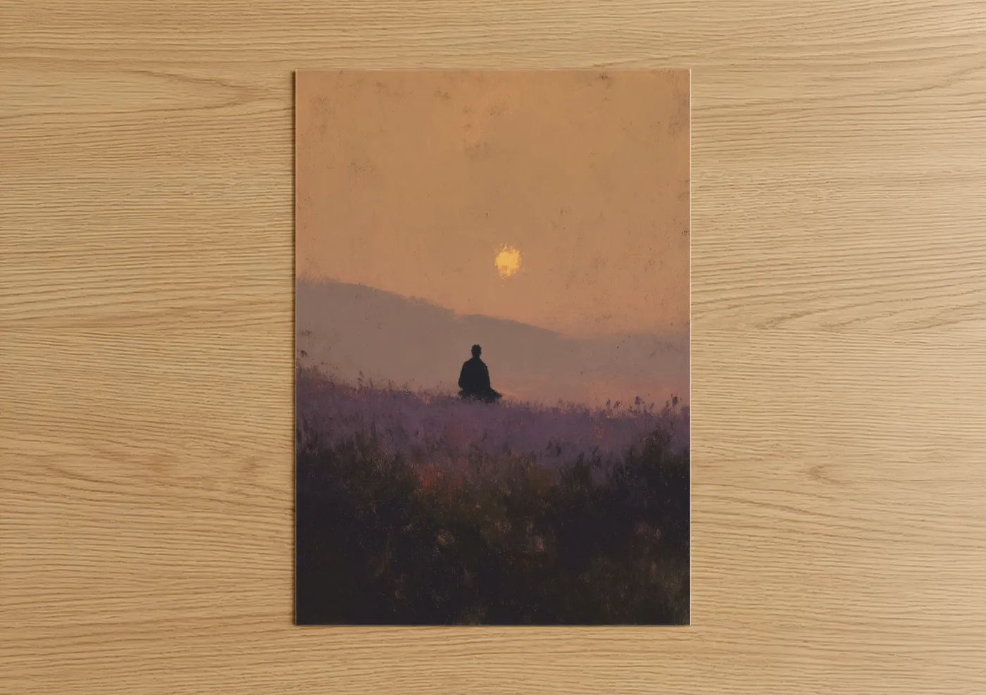 Yoga art print on warm oak wood — gold and peach palette — Meditative Sunrise poster