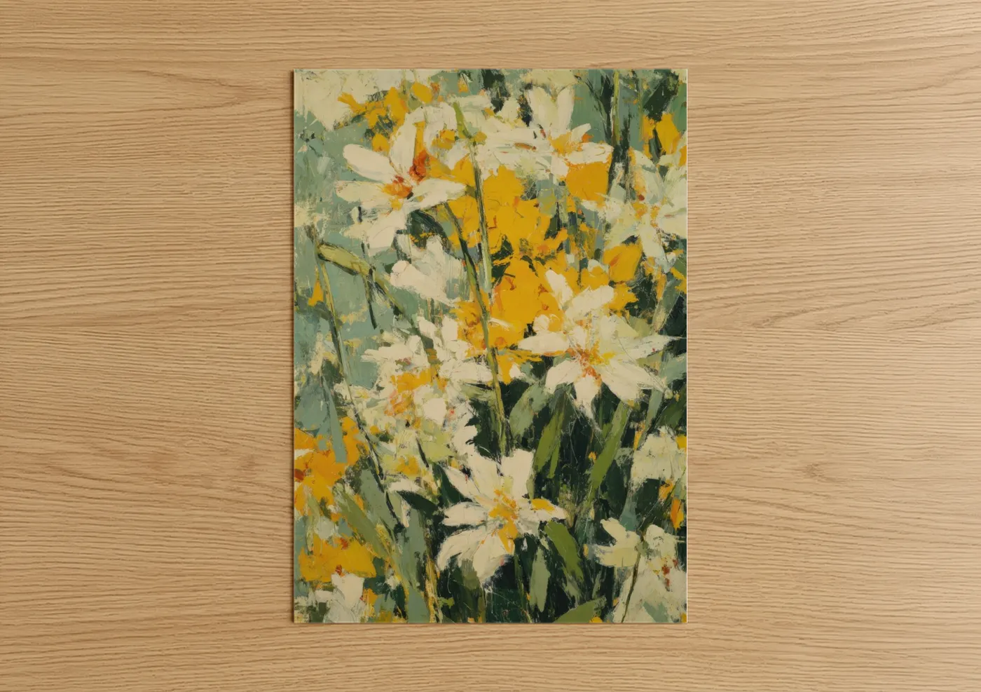 Lily art print on warm oak wood — yellow gold and sage green palette — Daffodil Garden poster