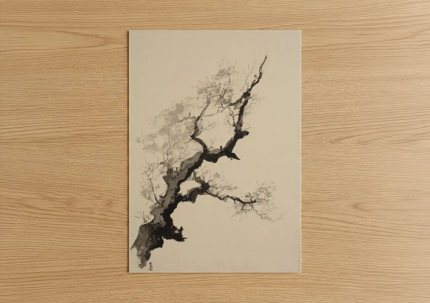 Banyan tree art print on warm oak wood — black and white and dove gray palette — Gnarled Banyan poster