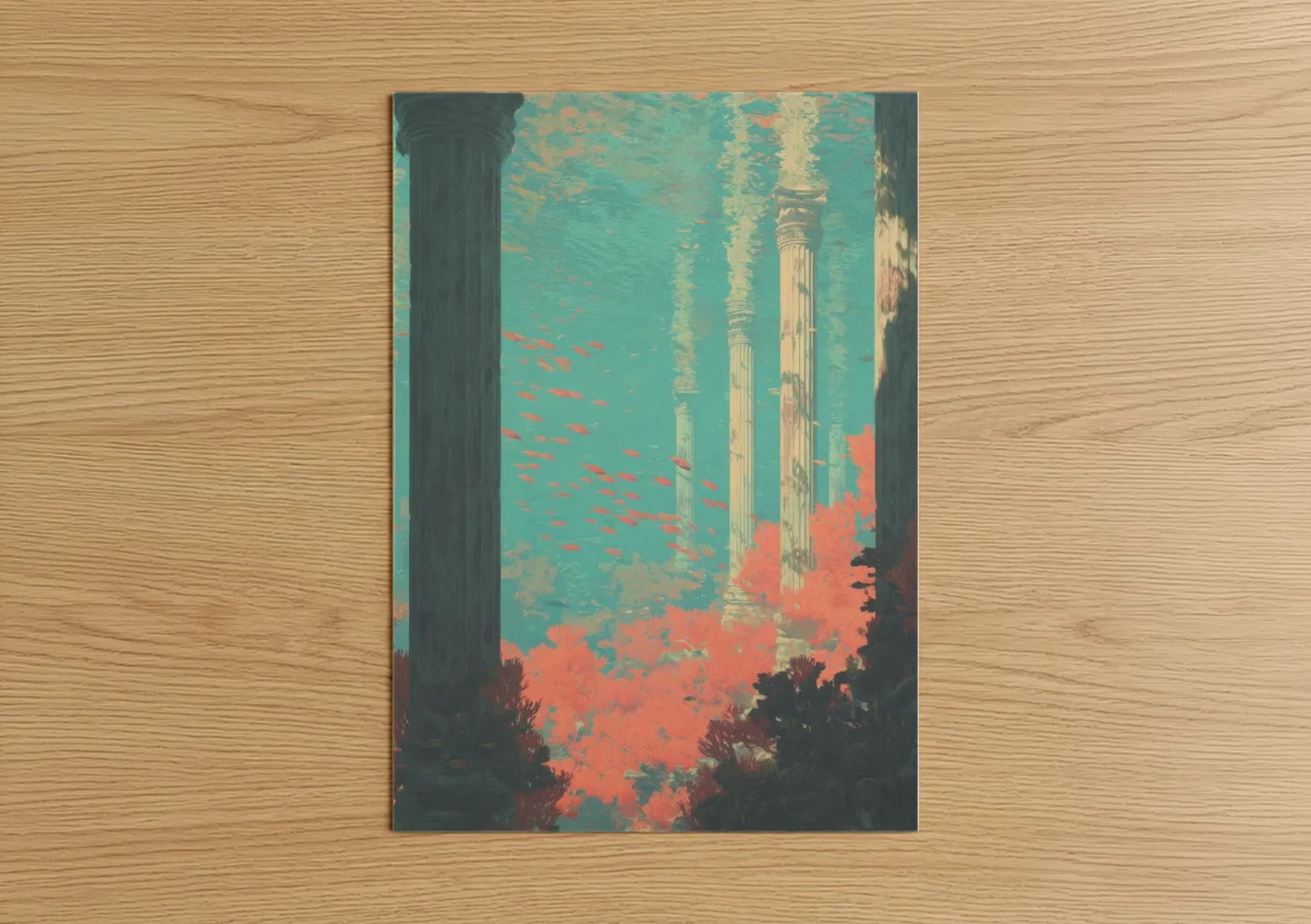 Art print on warm oak wood — turquoise and salmon pink palette — Turquoise Columns poster