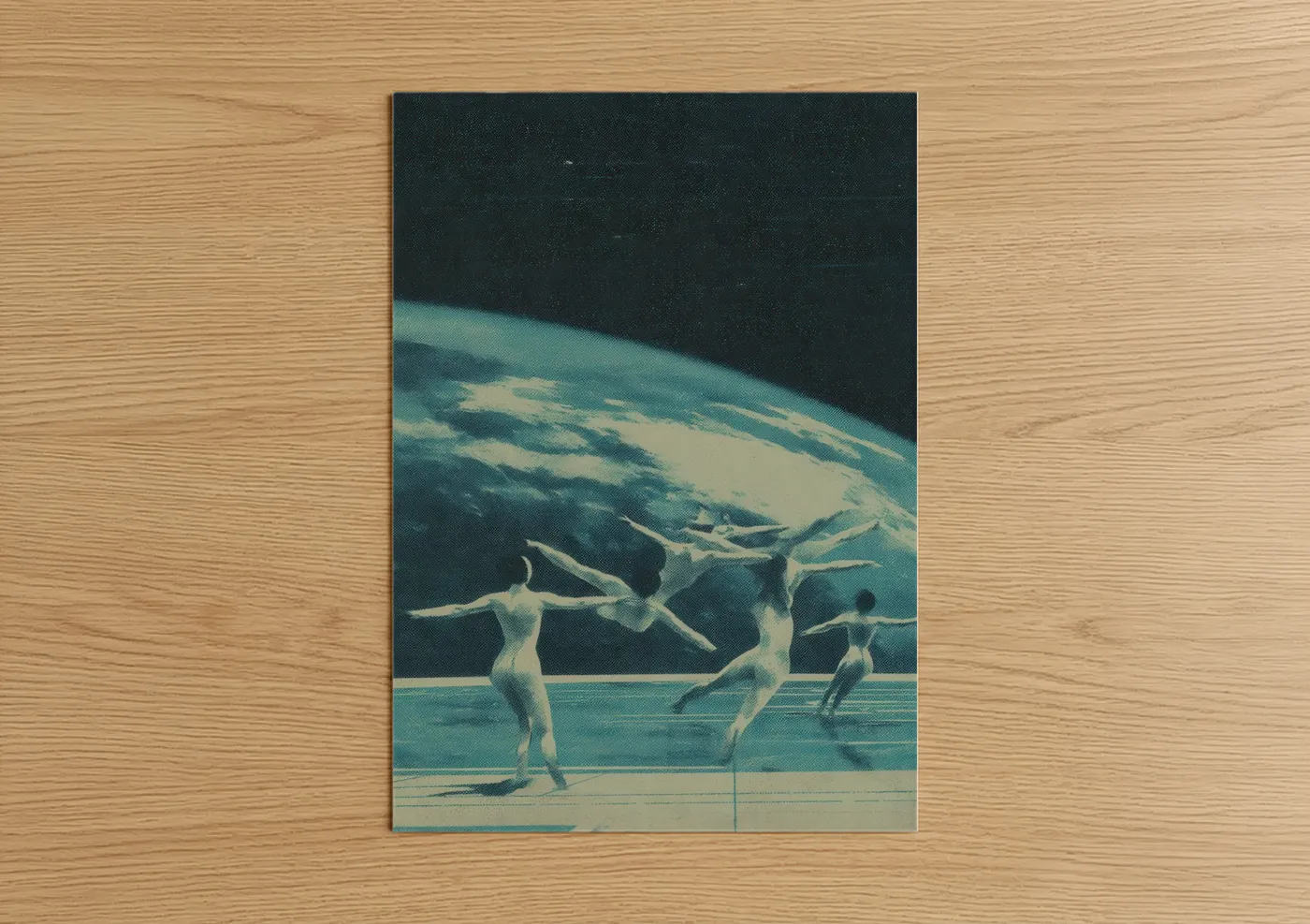 Synchronized swimming art print on warm oak wood — blue and white and dark blue palette — Cosmic Synchrony poster