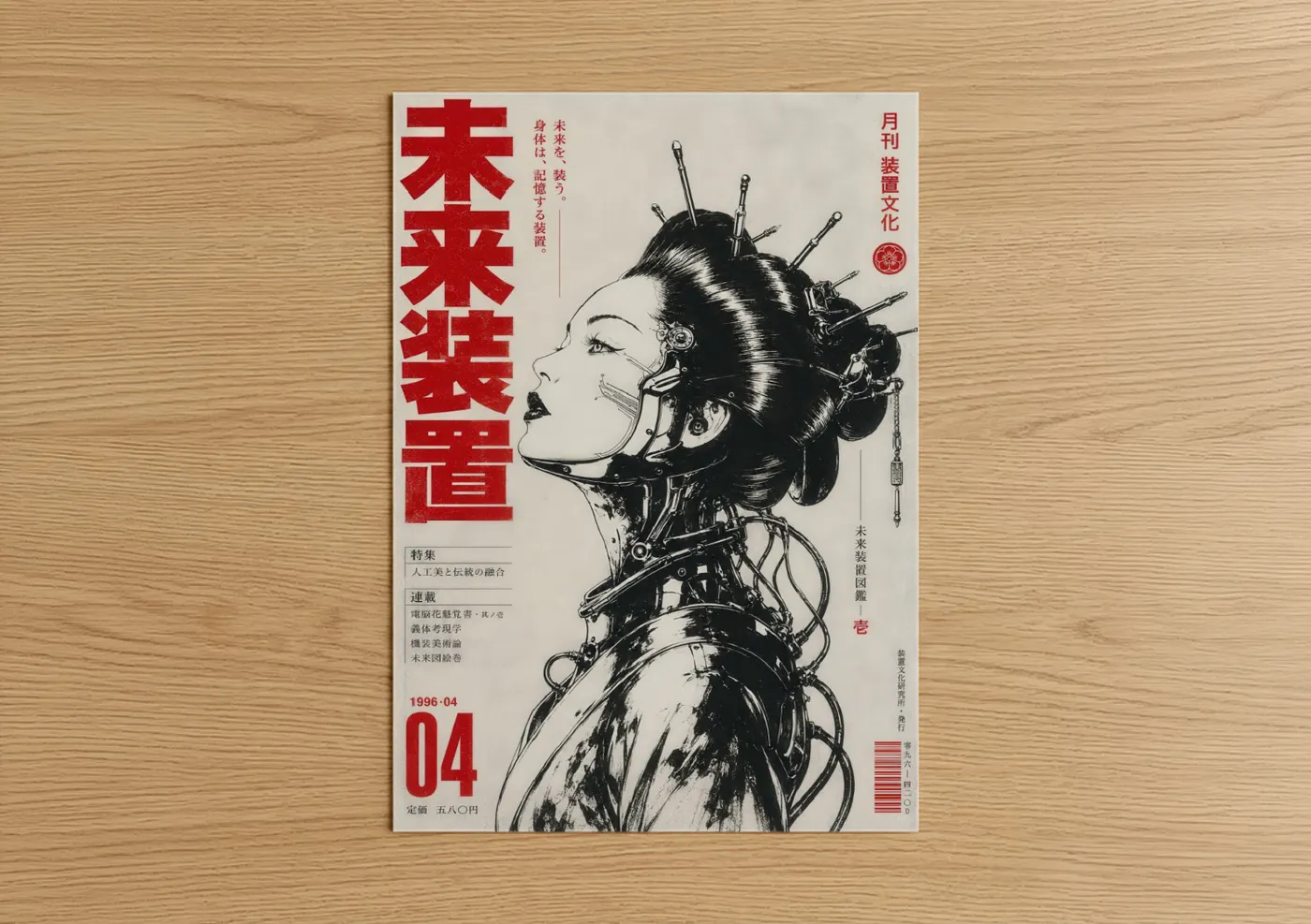 Art print on warm oak wood — black and white and red palette — Japanese Retrofuturism Geisha Wall Art poster