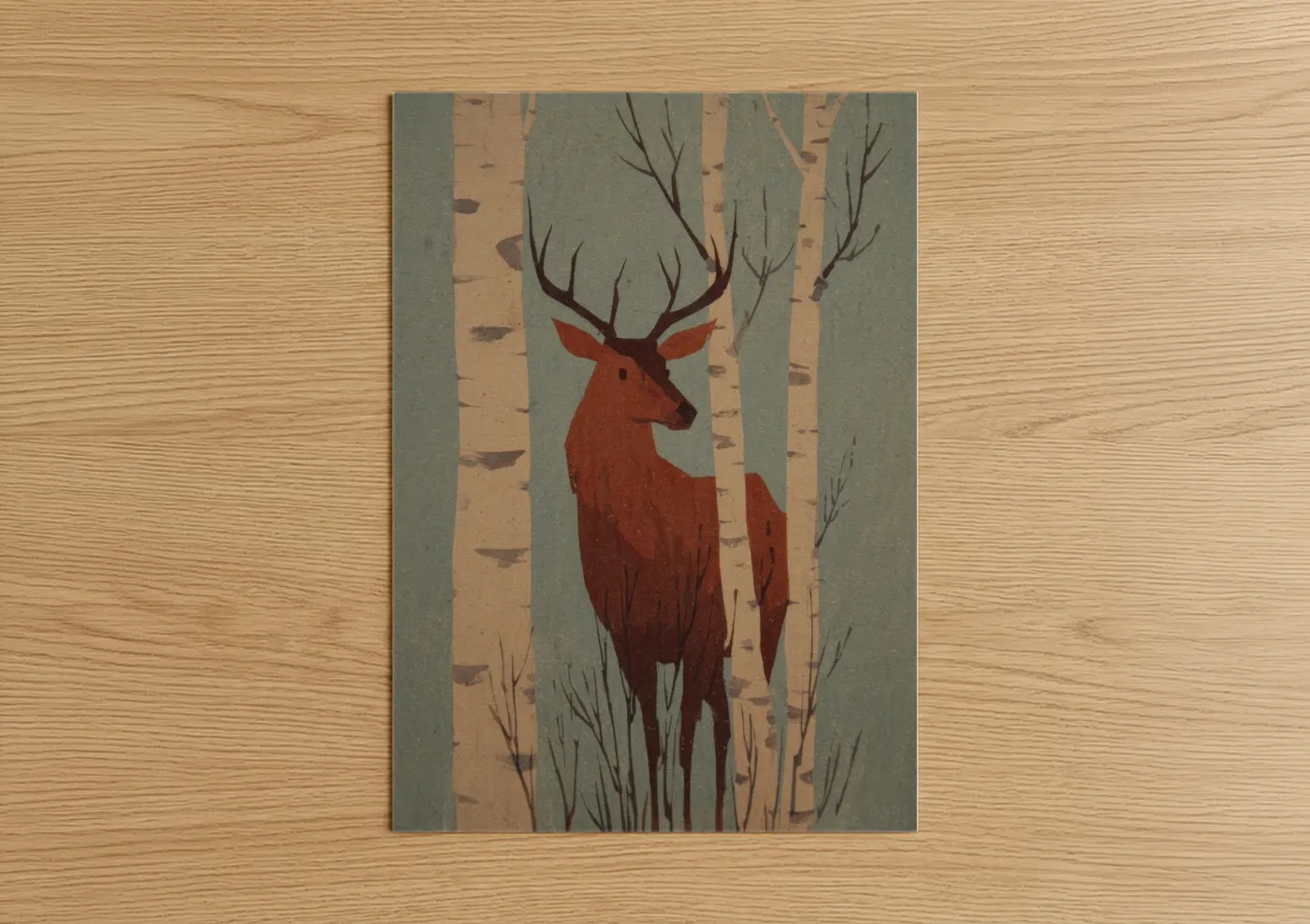 Crimson Elk Birch Forest Illustration Wall Art