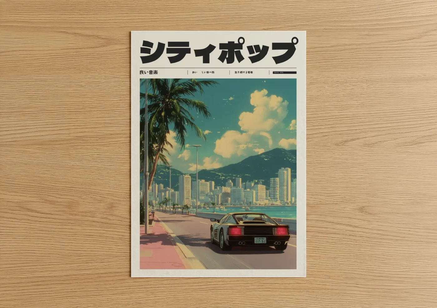 Anime and manga art print on warm oak wood — teal and gold palette — Retro Synthwave Drive poster