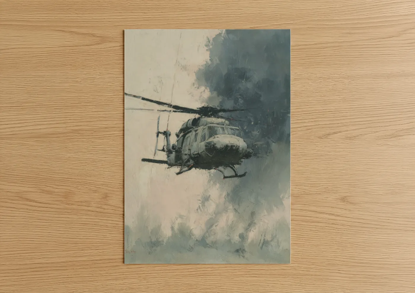 Art print on warm oak wood — gray and cream palette — Hovering Helicopter poster