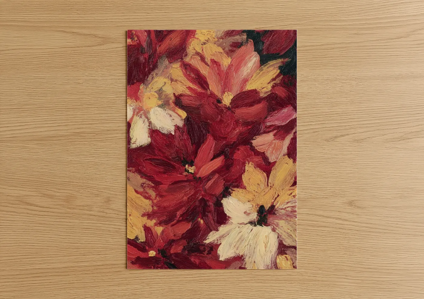 Poinsettias art print on warm oak wood — maroon and yellow gold palette — Crimson Poinsettia Blooms poster