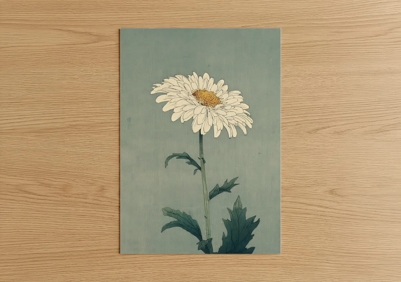 Art print on warm oak wood — cream and sage green palette — Cream Daisy poster