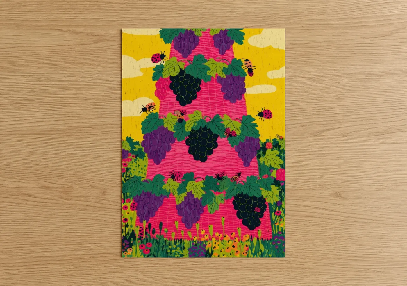 Towers art print on warm oak wood — magenta and yellow gold palette — Berry Tower Garden poster