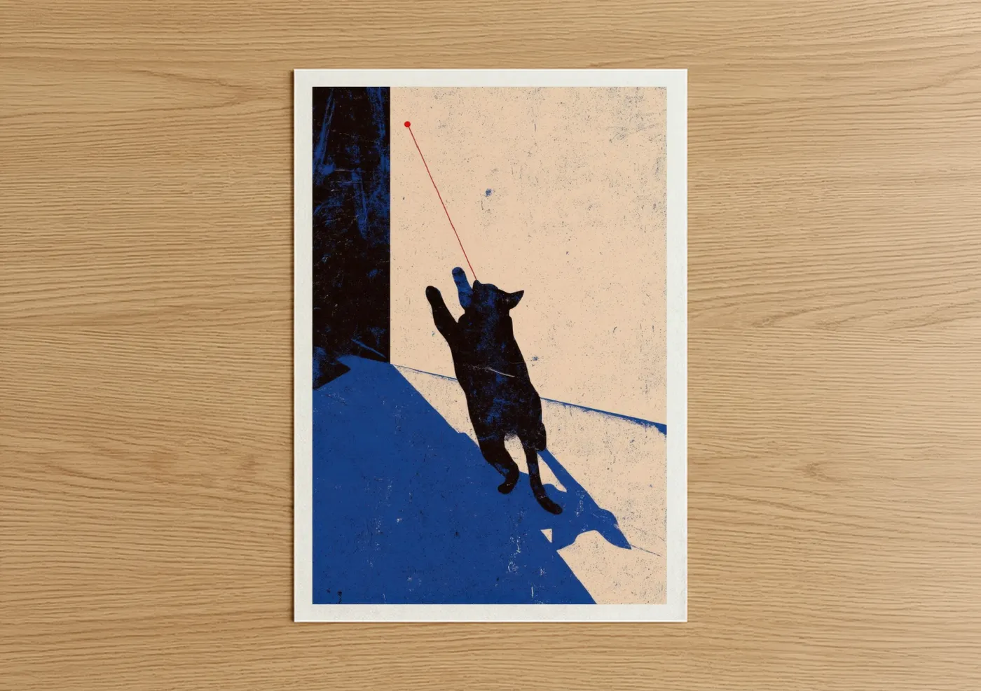 Art print on warm oak wood — blue and cream palette — Playful Blue Cat poster