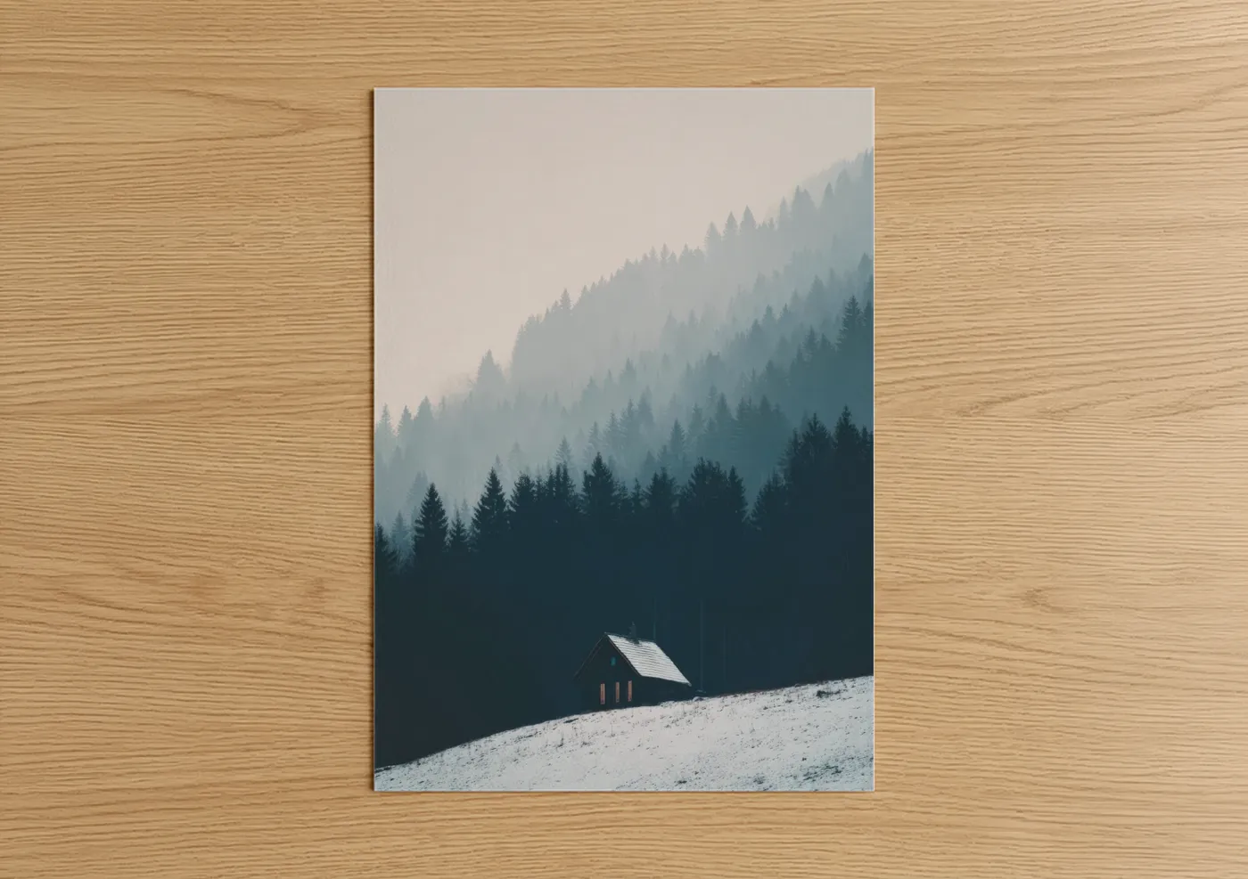 Alps art print on warm oak wood — gray and white and dove gray palette — Snowy Alpine Cottage poster