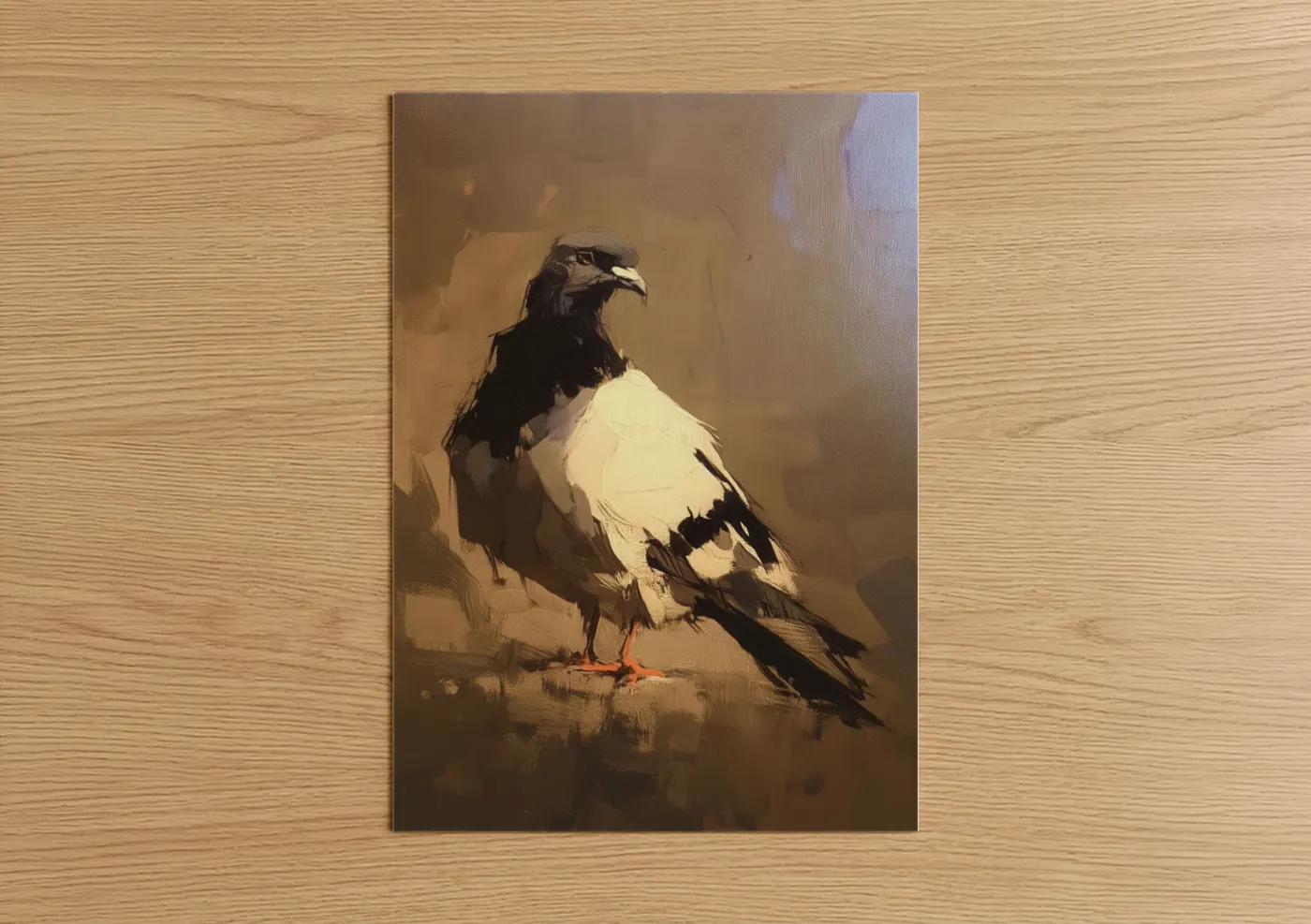 Art print on warm oak wood — cream and brown palette — Majestic Pigeon Portrait poster