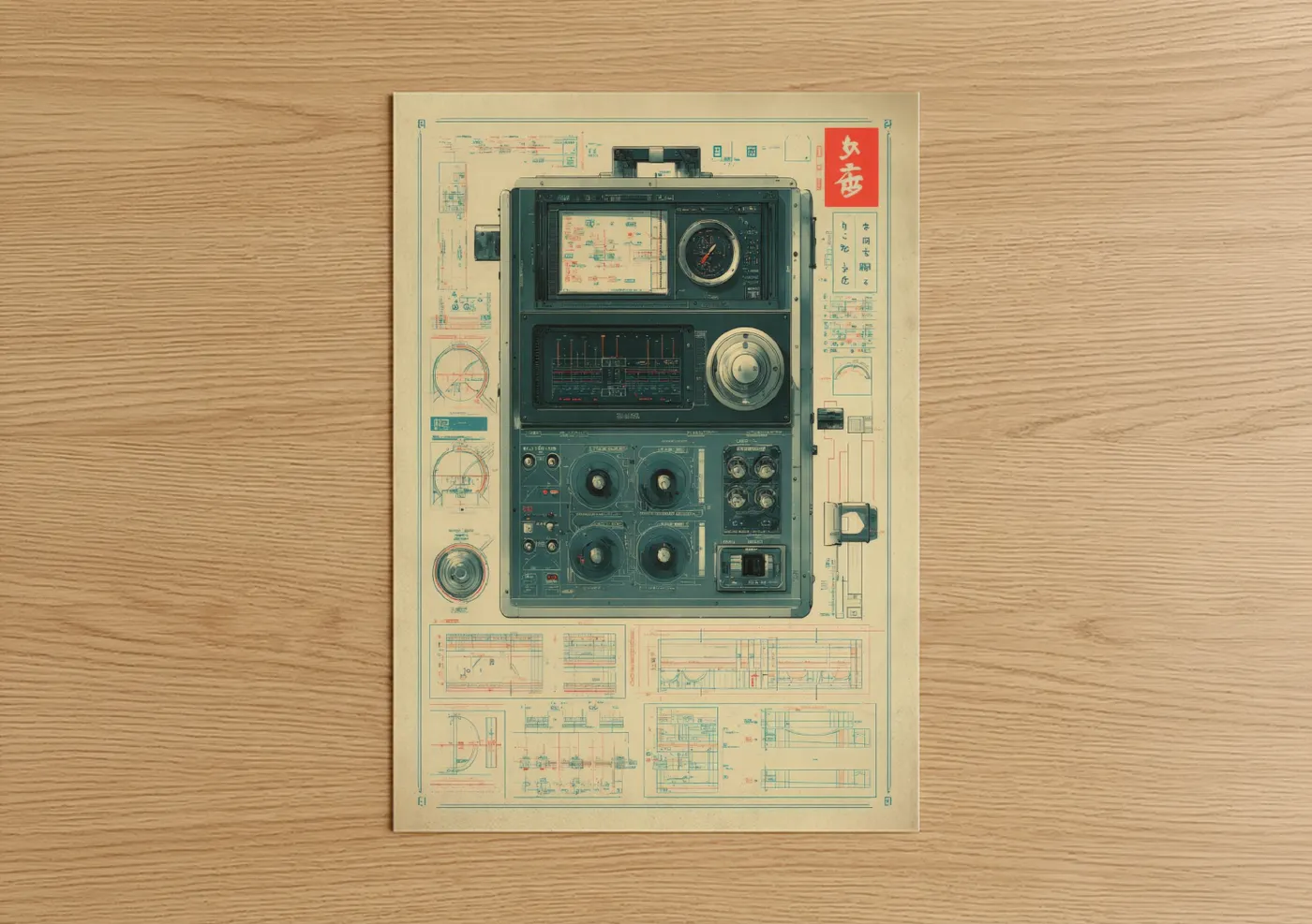 Vintage Control Panel Technical Blueprint Wall Art