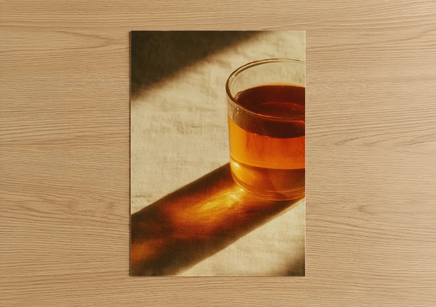 Iced tea art print on warm oak wood — gold and cream palette — Golden Afternoon Tea poster