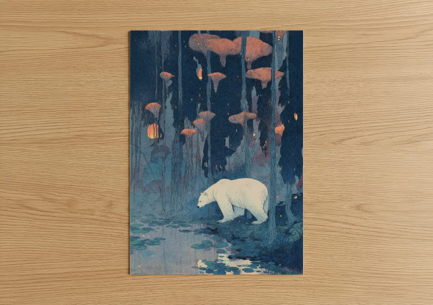Mystical Polar Bear Mushroom Forest Wall Art