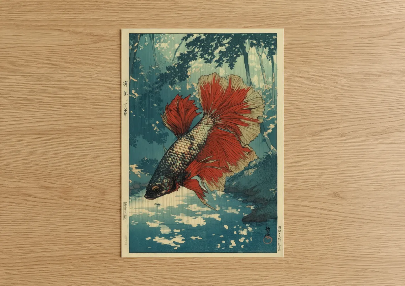 Fighting fish art print on warm oak wood — red and teal palette — Crimson Betta Glory poster