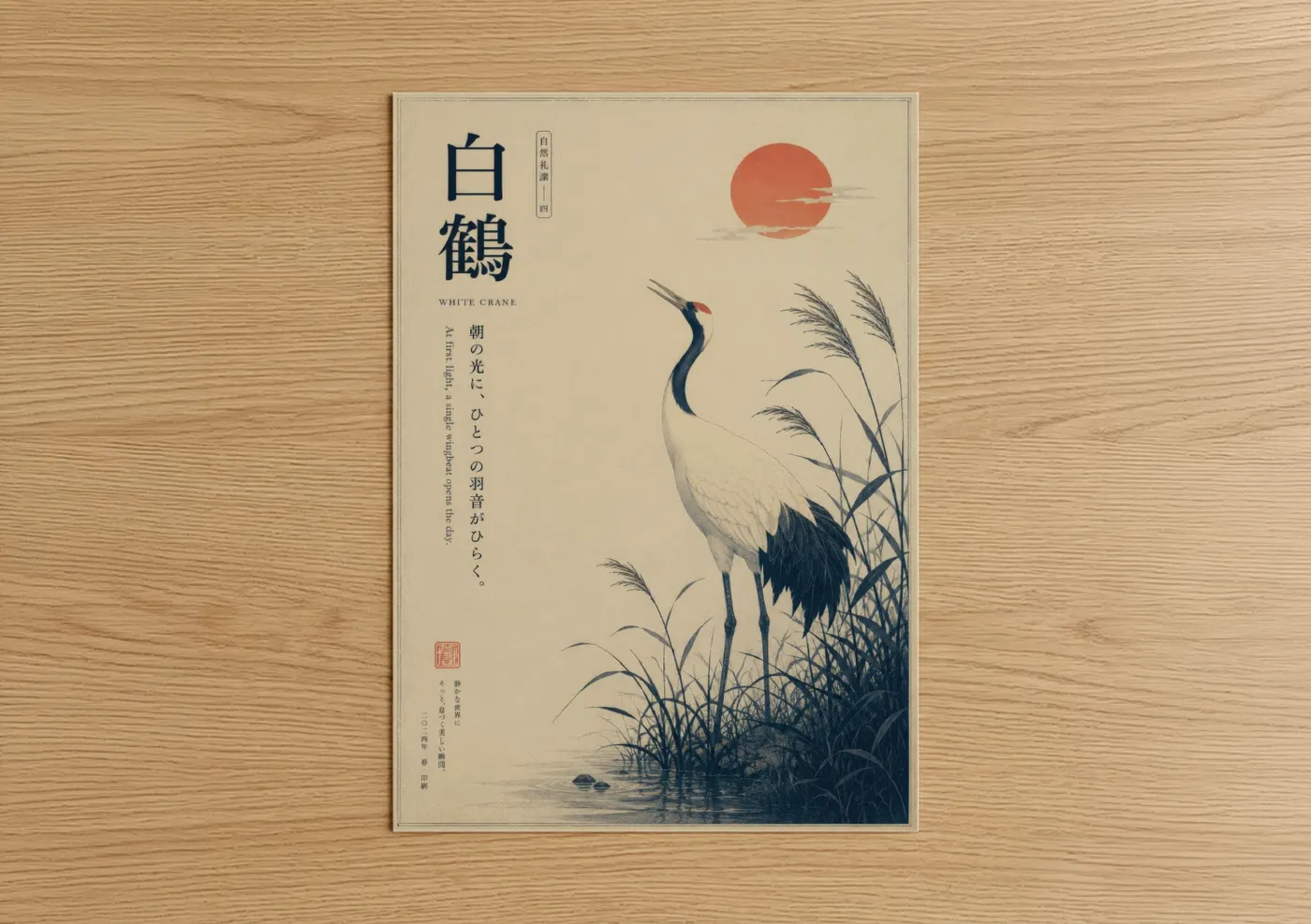 Art print on warm oak wood — beige and peach palette — Japanese Crane Sunrise Wall Art poster