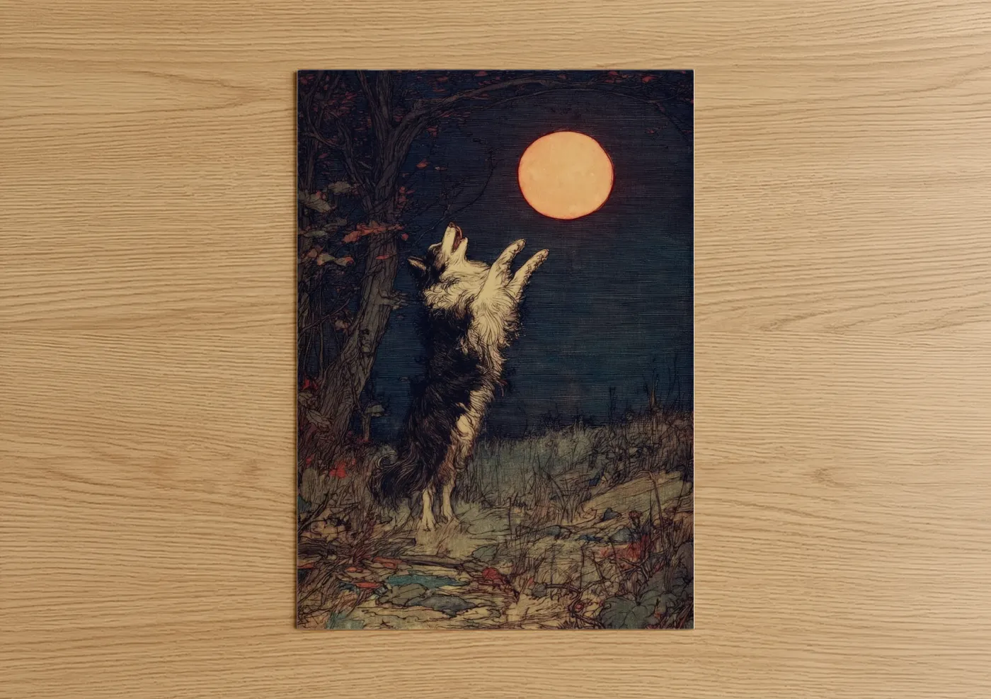 Shepherd dogs and collies art print on warm oak wood — dark blue and gold palette — Moonlit Shepherd poster