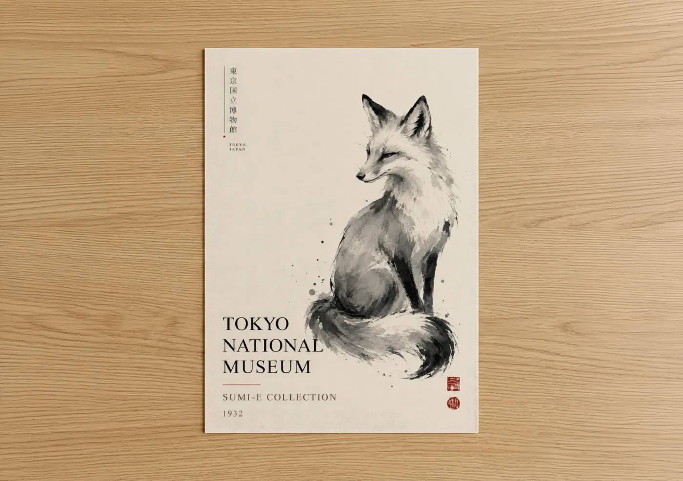 Art print on warm oak wood — black and white and beige palette — Japanese Fox Museum Wall Art poster