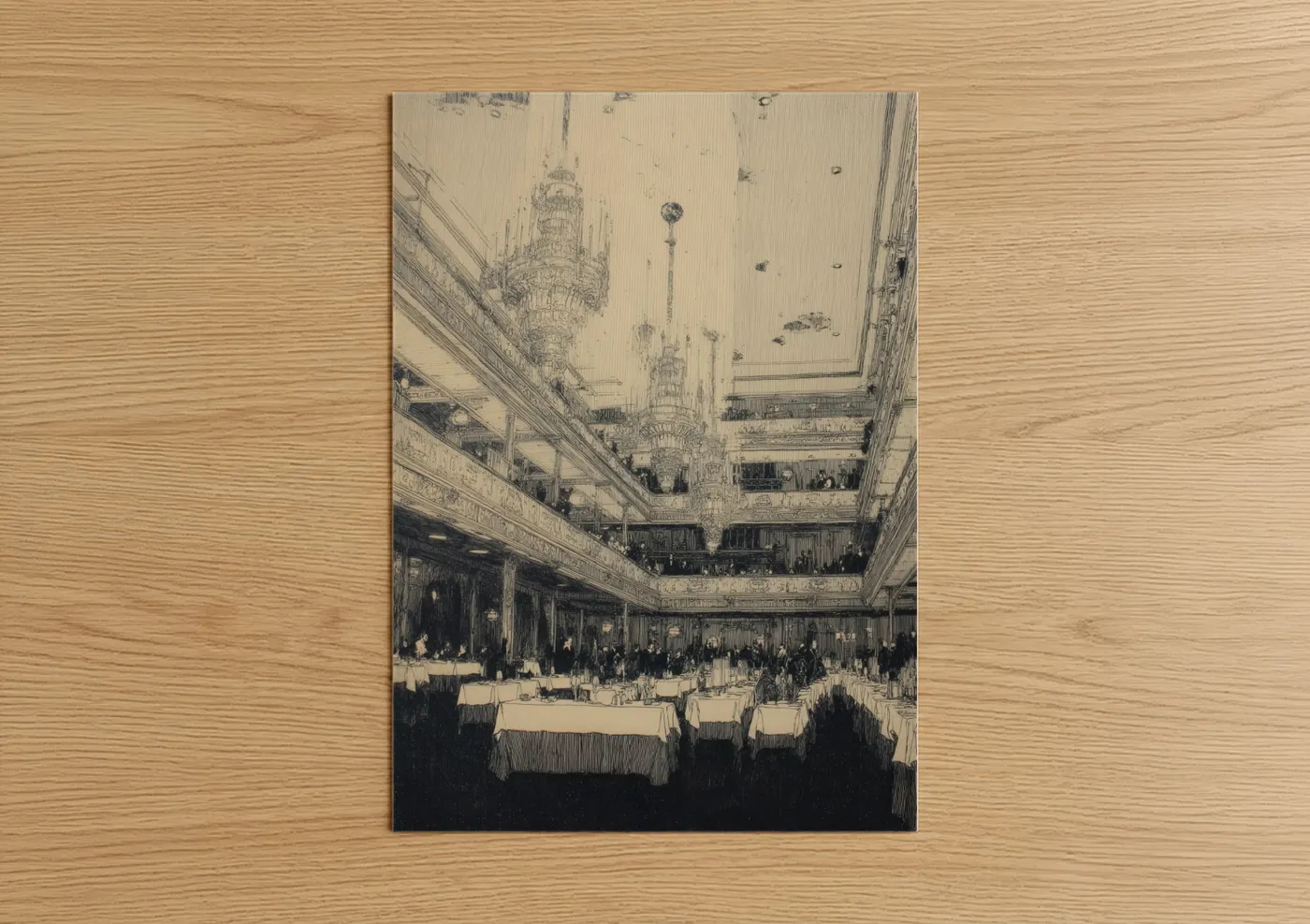 Cruise ship art print on warm oak wood — cream and black and white palette — Grand Ballroom Elegance poster
