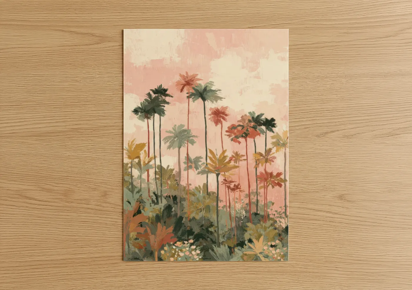 Palm forest art print on warm oak wood — peach and light green palette — Tropical Palm Garden poster