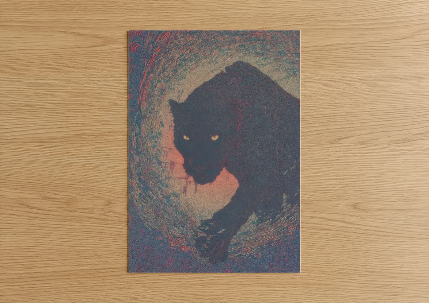 Art print on warm oak wood — teal and red palette — Glowing Panther poster
