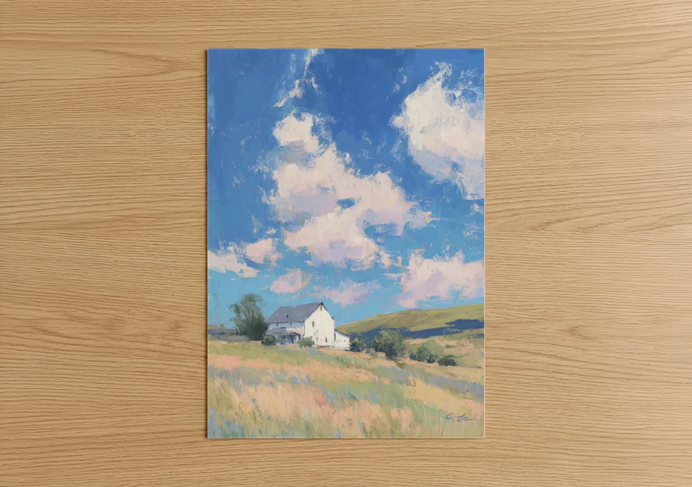 Farm art print on warm oak wood — blue and white palette — Rural Homestead poster