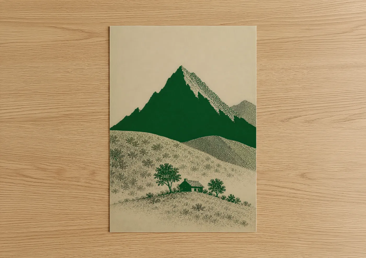 Art print on warm oak wood — true green and beige palette — Mountain Cottage Landscape Wall Art poster