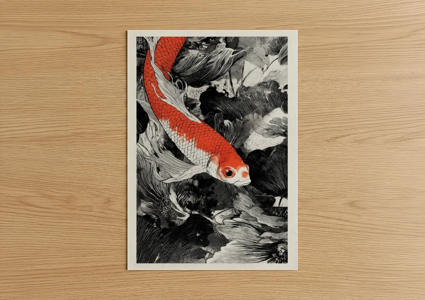 Goldfish art print on warm oak wood — black and white and red palette — Scarlet Koi Dream poster