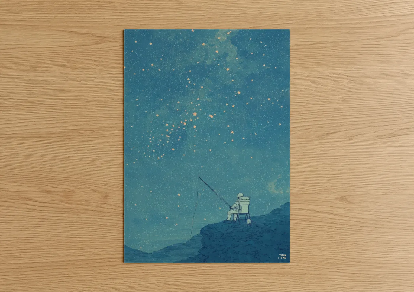 Astroids and comets art print on warm oak wood — teal and gold palette — Stargazing Solitude poster