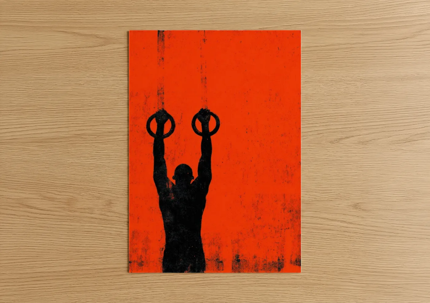 Gymnastics art print on warm oak wood — orange and black palette — Victory Lift poster