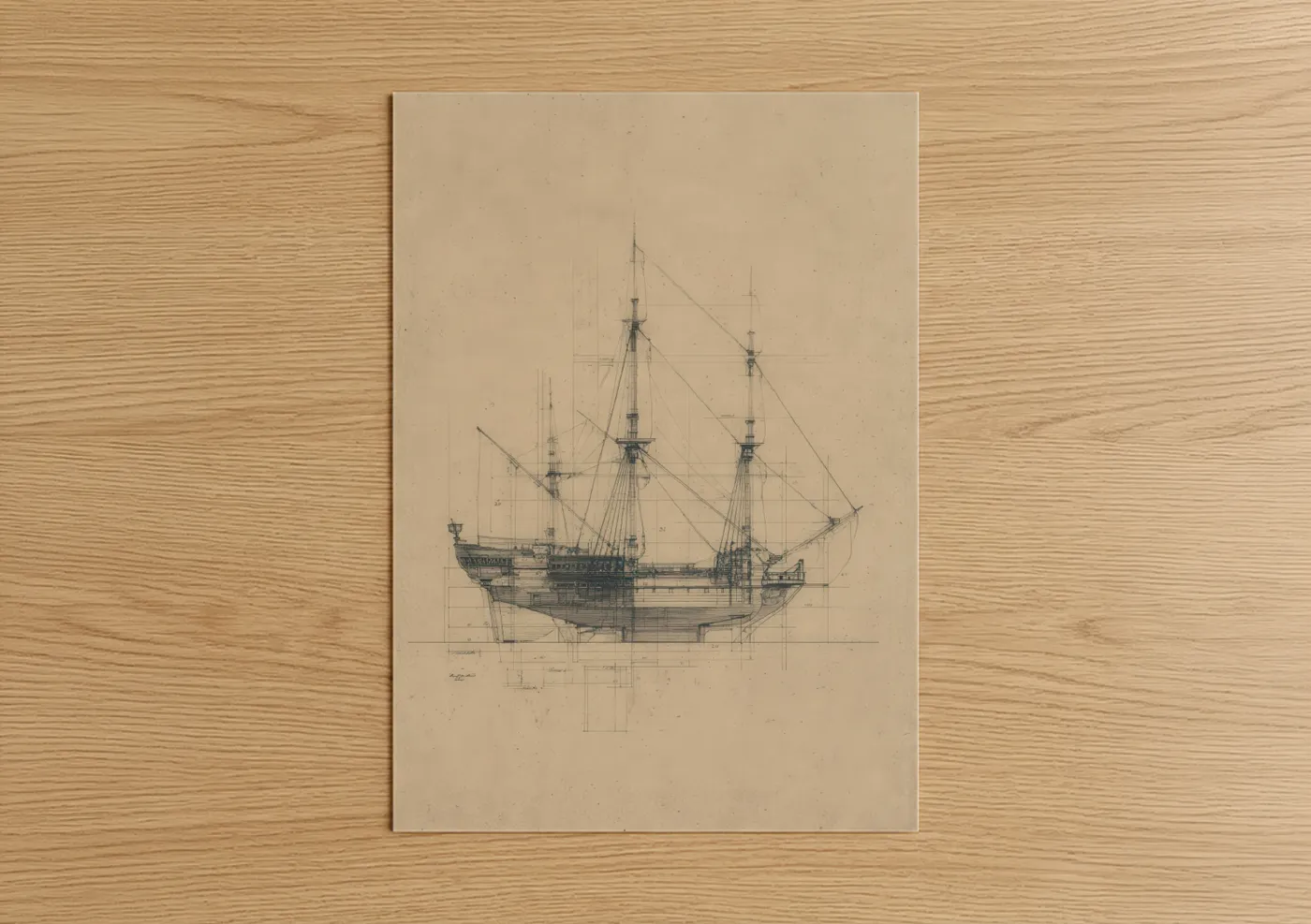 Classic Sailing Ship Technical Blueprint Wall Art