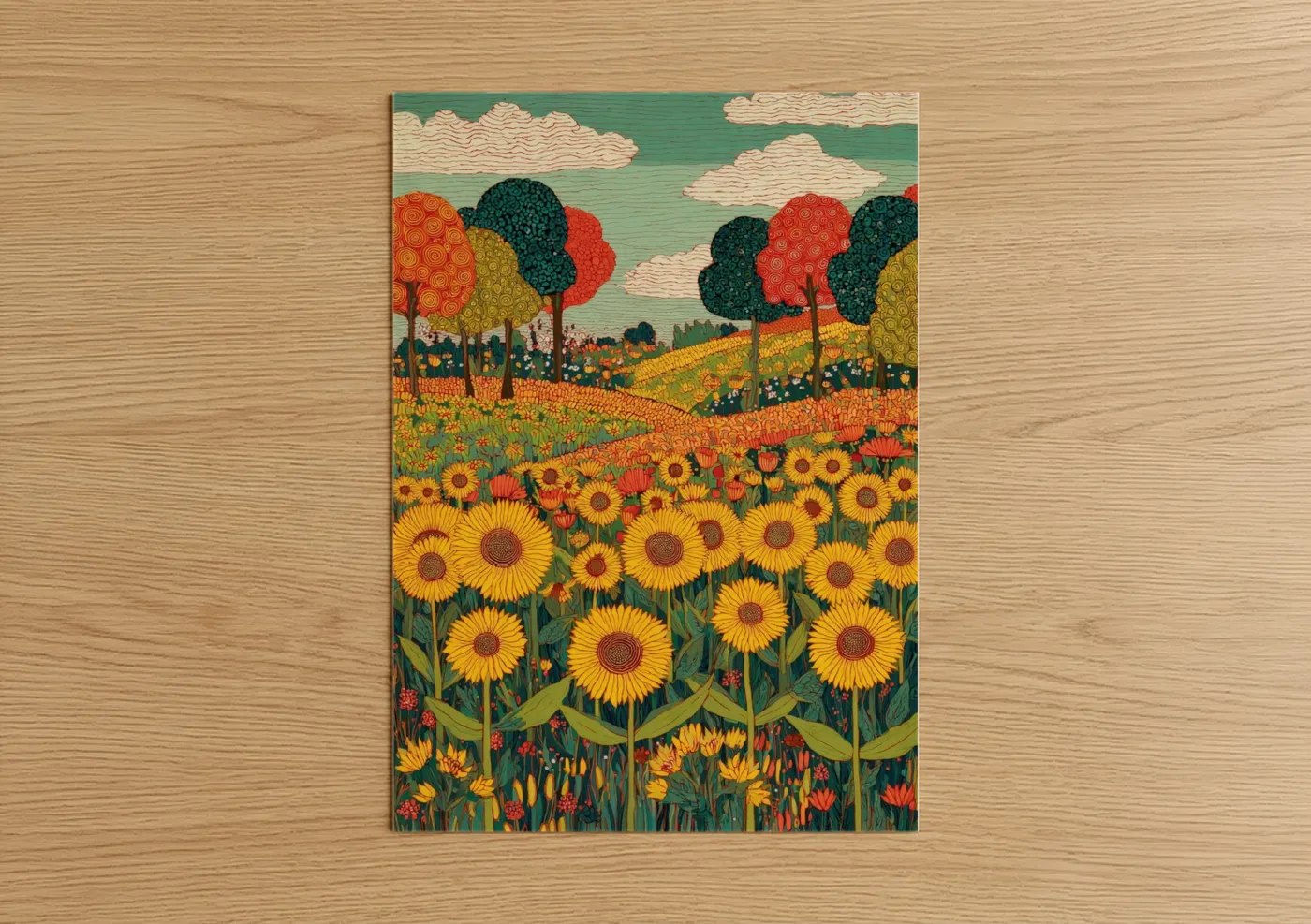 Art print on warm oak wood — yellow gold and true green palette — Golden Sunflower Field poster