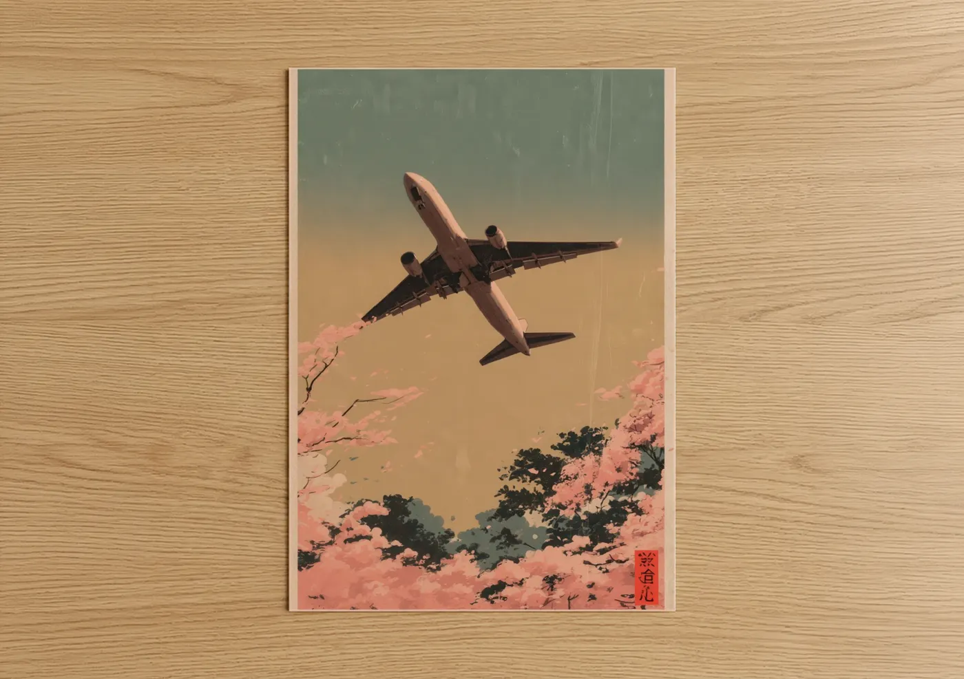 Vintage airplane art print on warm oak wood — salmon pink and gold palette — Crimson Ascent poster
