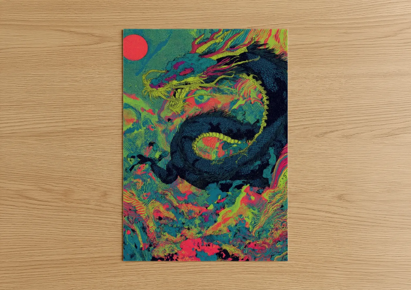 Neon Dragon Inferno Psychedelic Wall Art