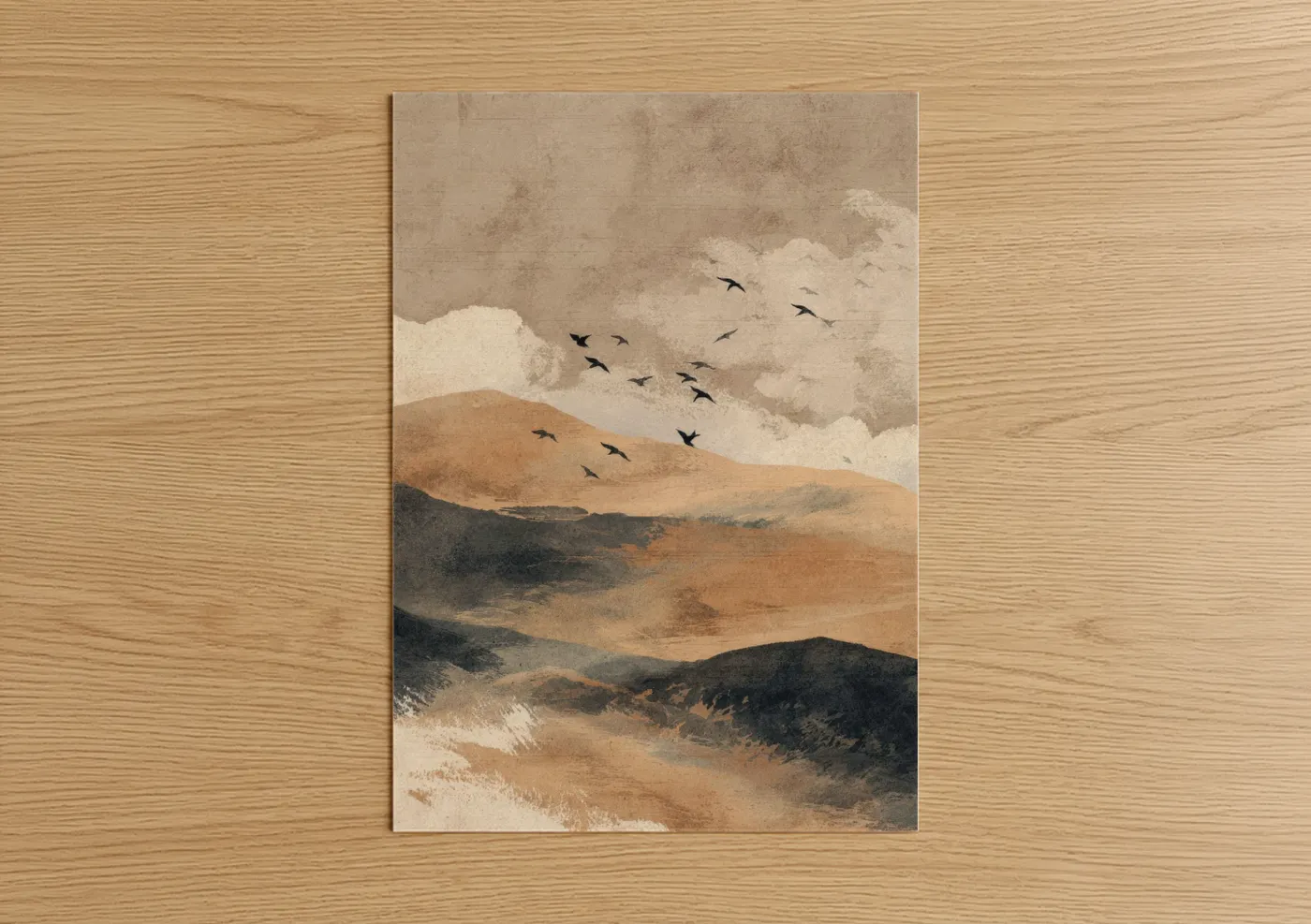 Dune art print on warm oak wood — beige and cream palette — Desert Horizon Flight poster