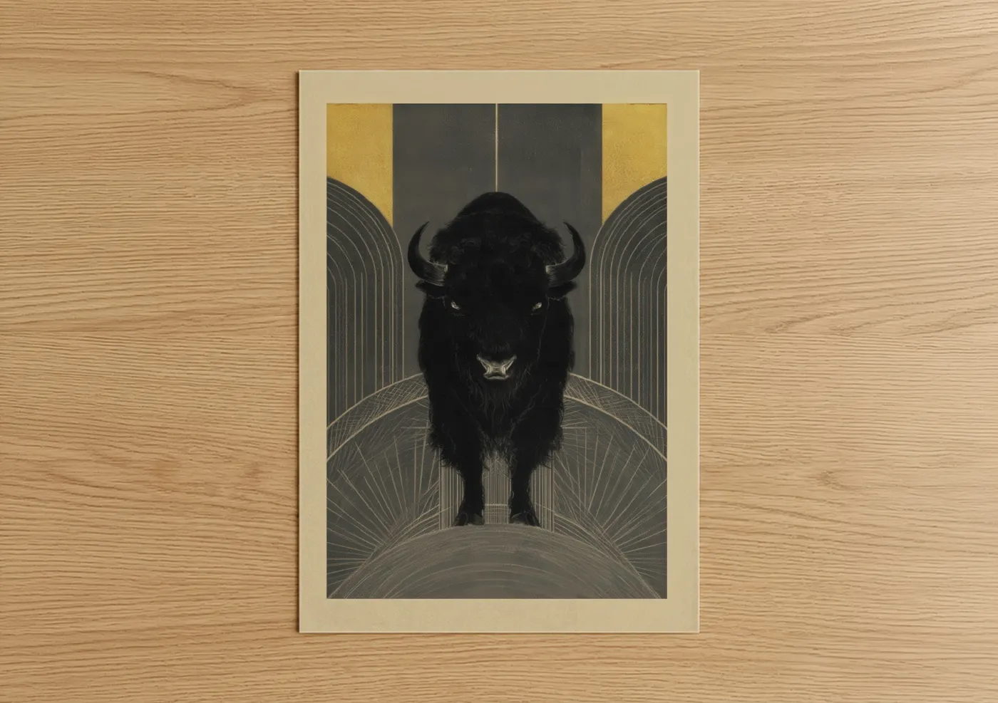 Art print on warm oak wood — gold and black palette — Sacred Bison poster