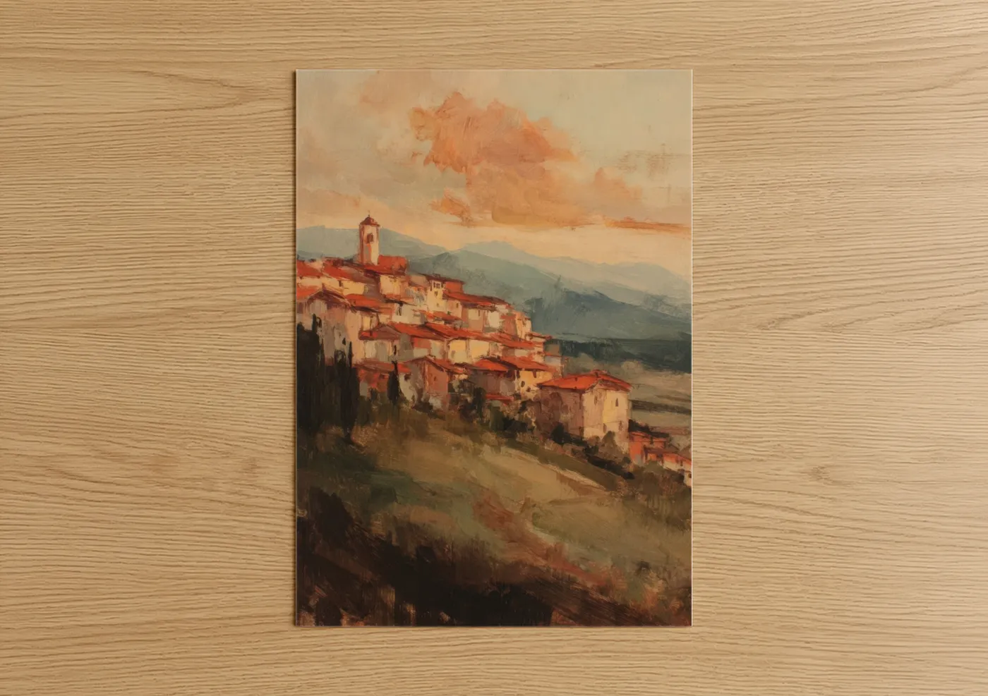 Tuscan Village Sunset Landscape Painting Wall Art