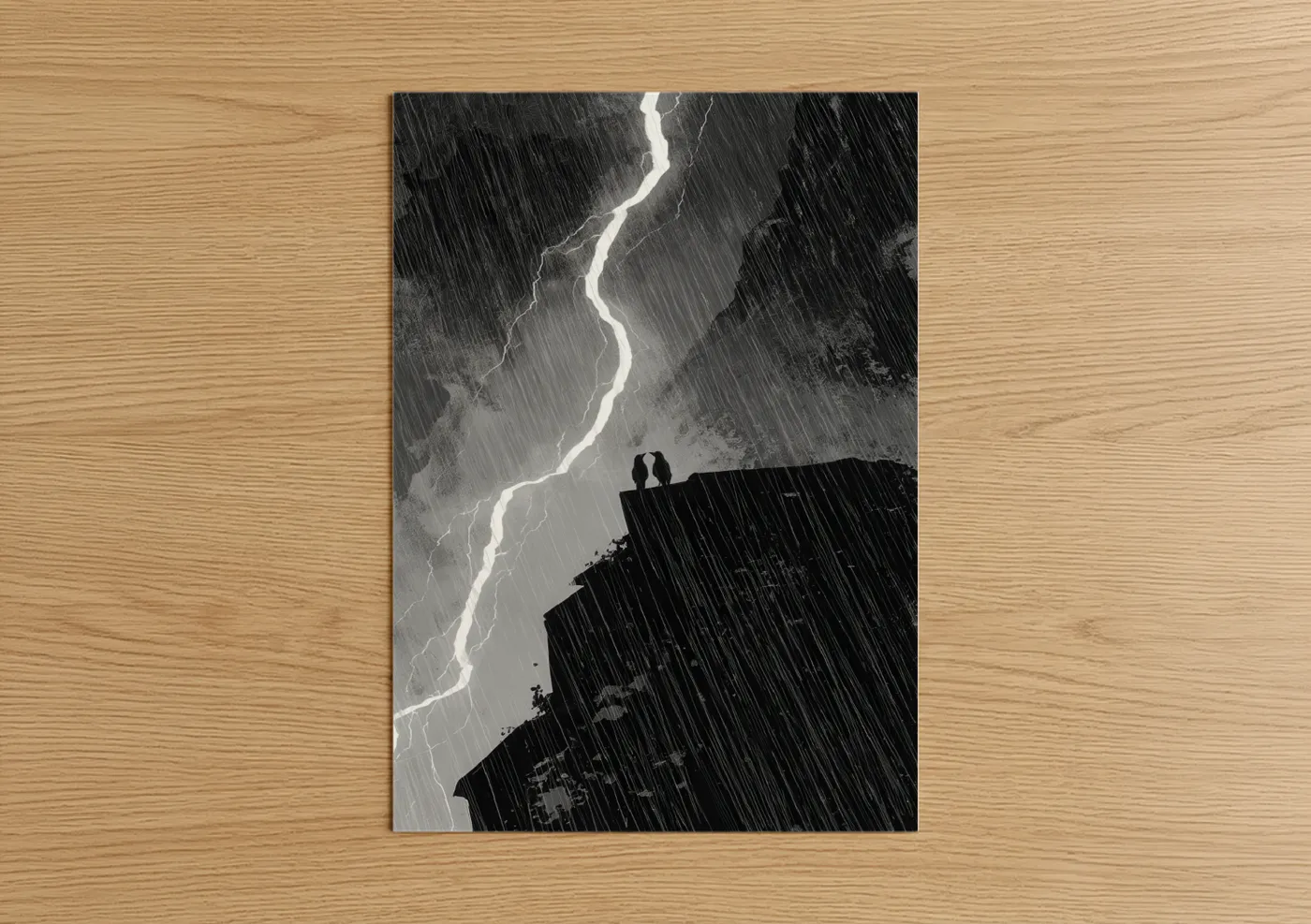 Crows and ravens art print on warm oak wood — black and white palette — Stormy Sentinels poster