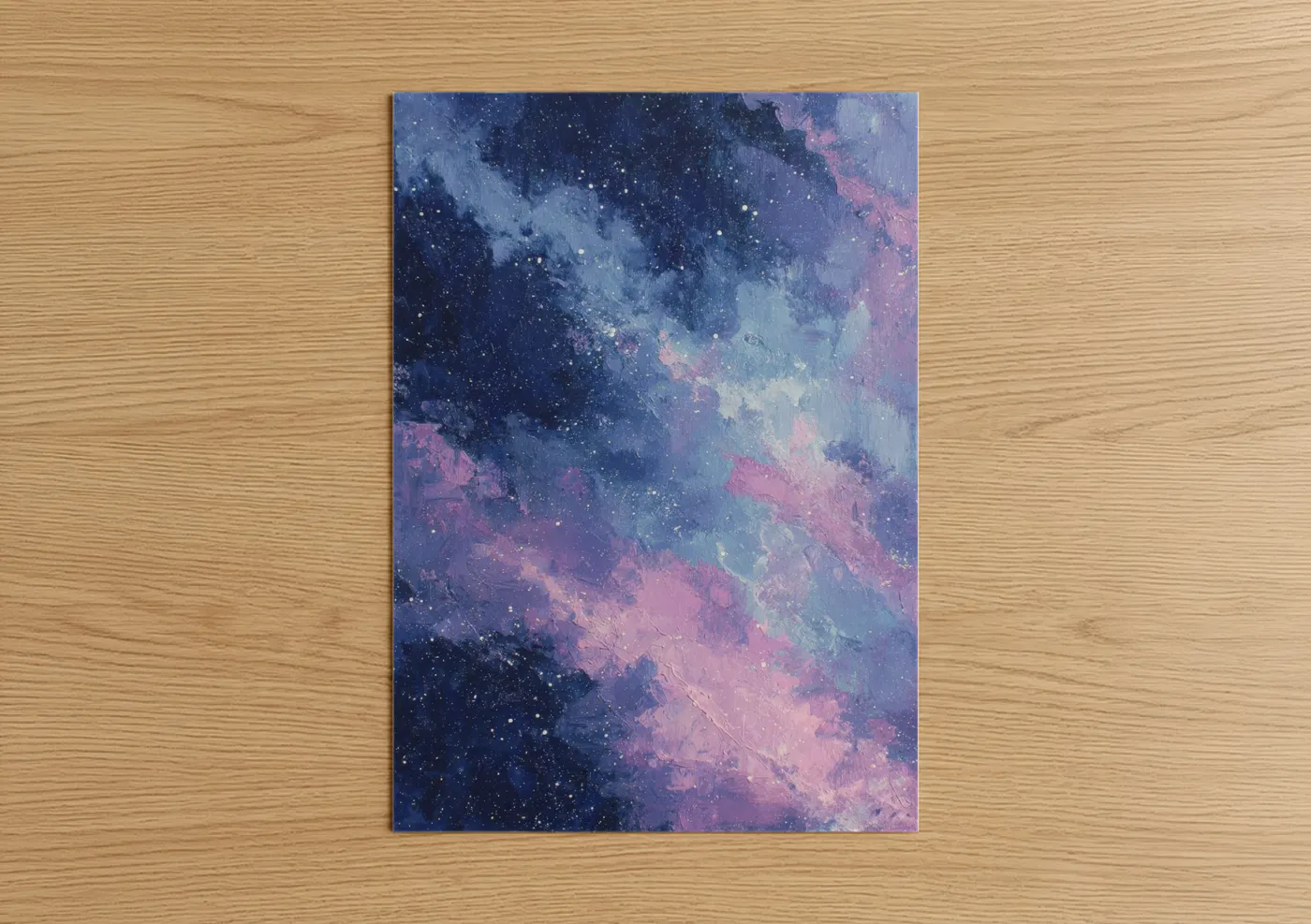 Space art print on warm oak wood — blue and pink palette — Cosmic Nebula poster