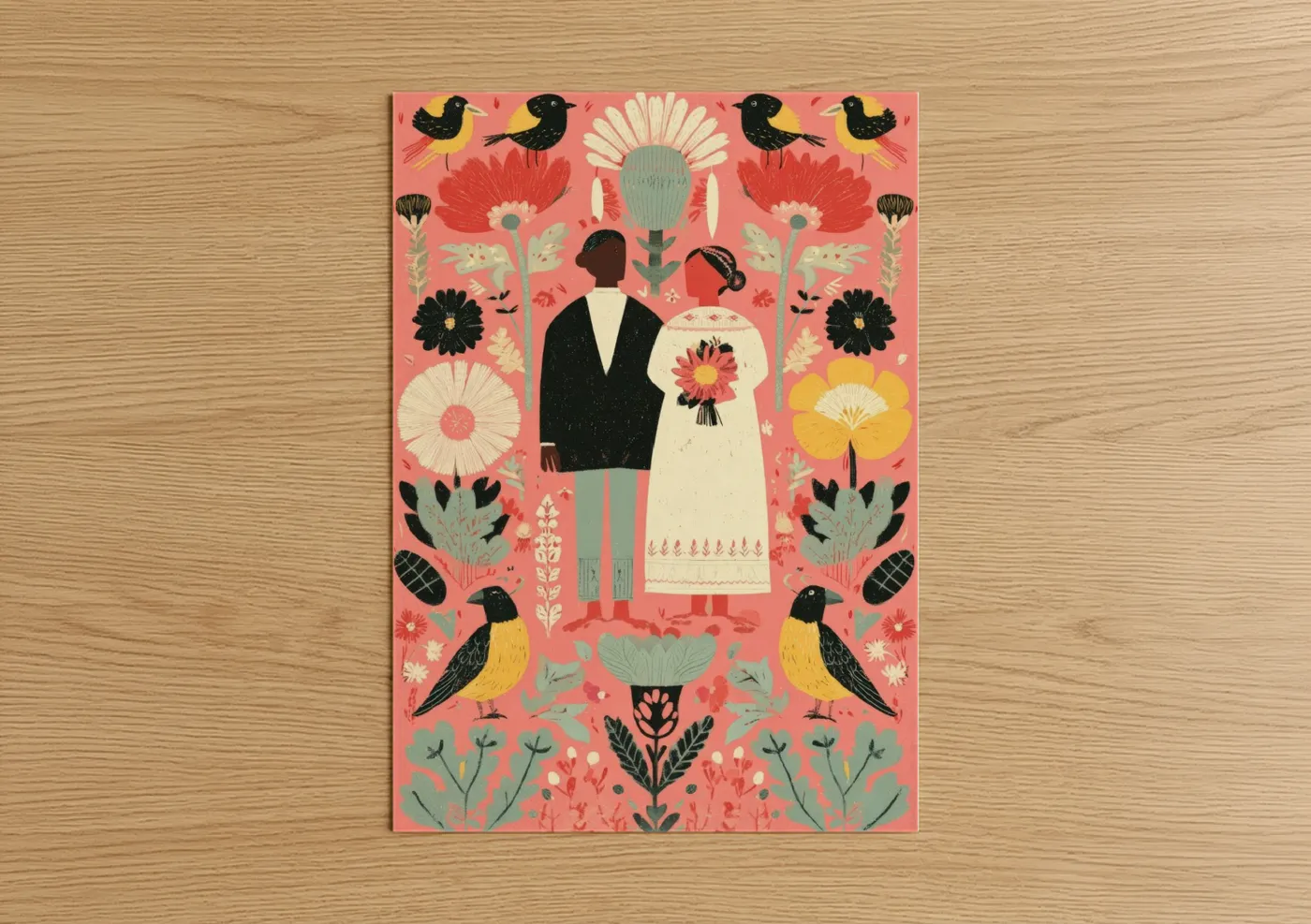 Groom and bride art print on warm oak wood — salmon pink and cream palette — Botanical Wedding Couple poster