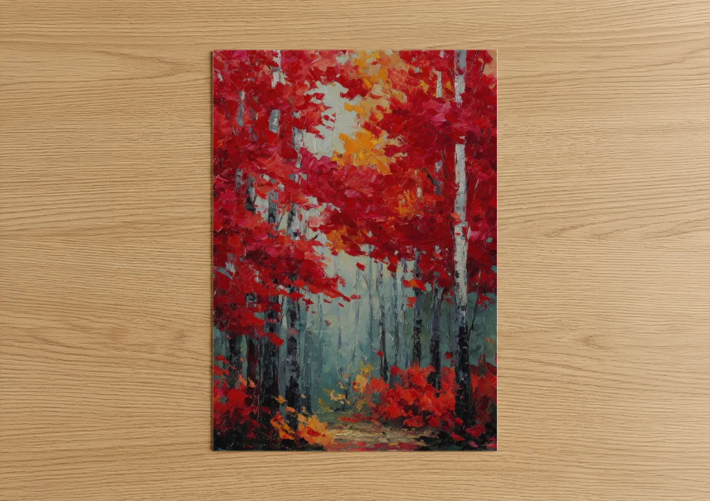 Crimson Autumn Forest Landscape Painting Wall Art