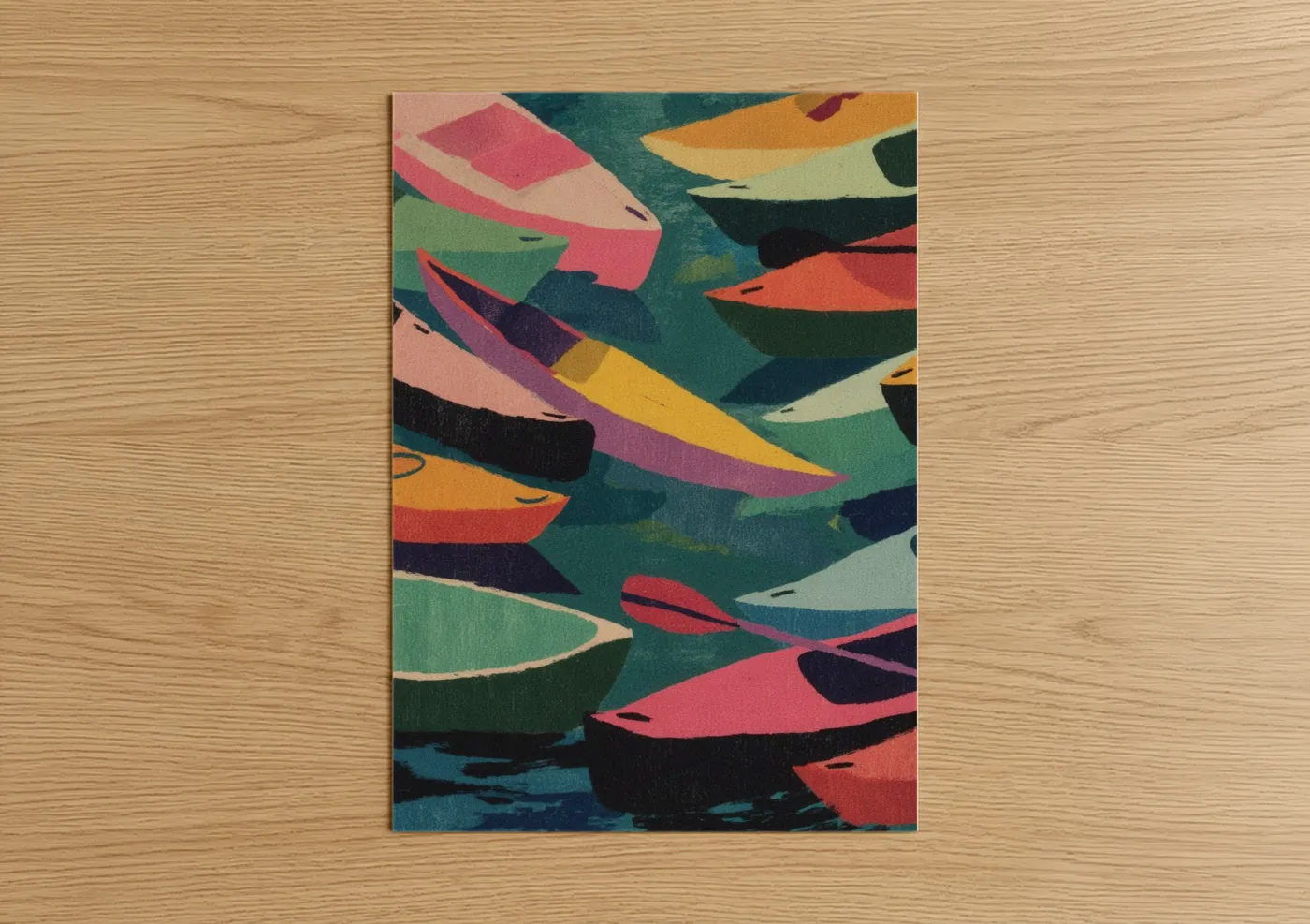 Kayaks and canoes art print on warm oak wood — teal and magenta palette — Colorful Kayak Fleet poster