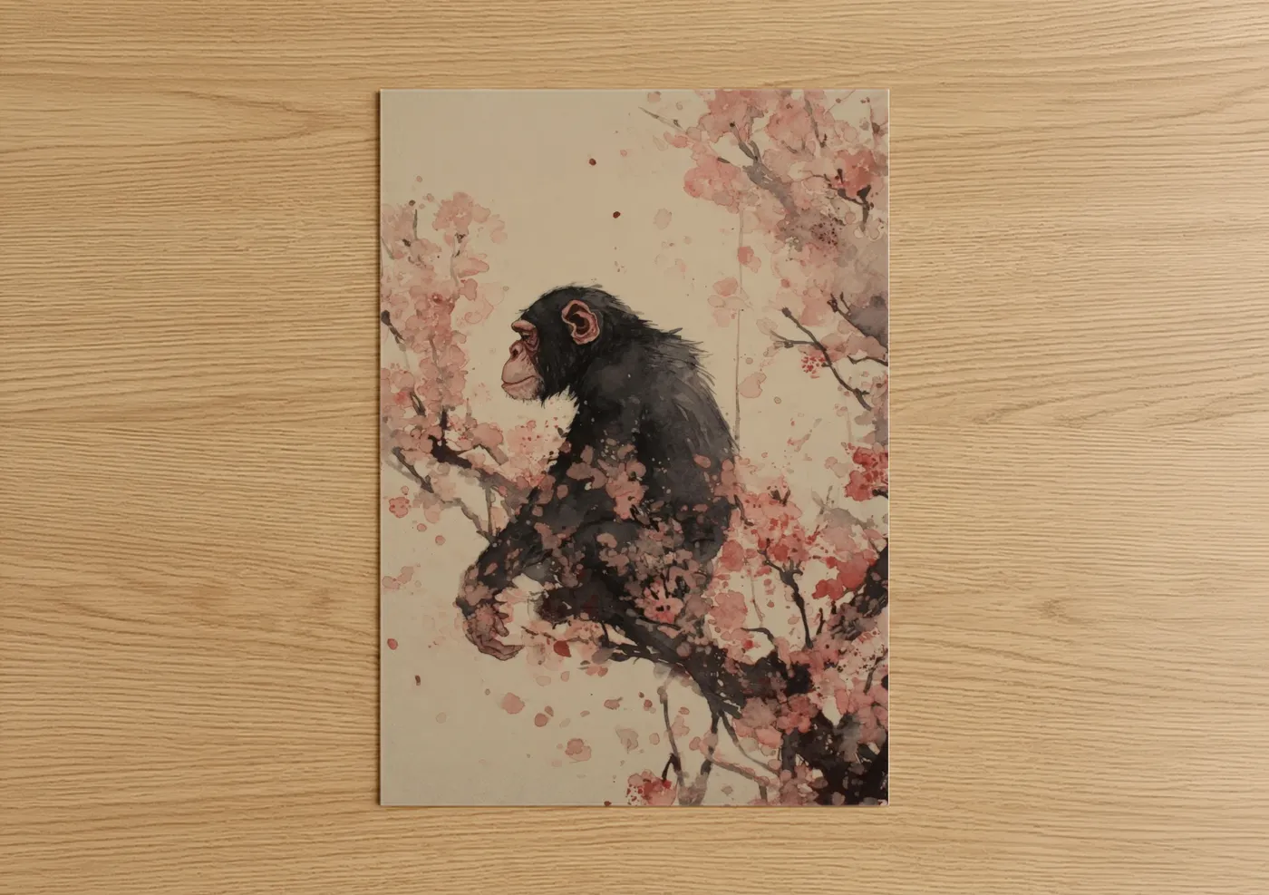 Chimpanzee Cherry Blossom Watercolor Wall Art