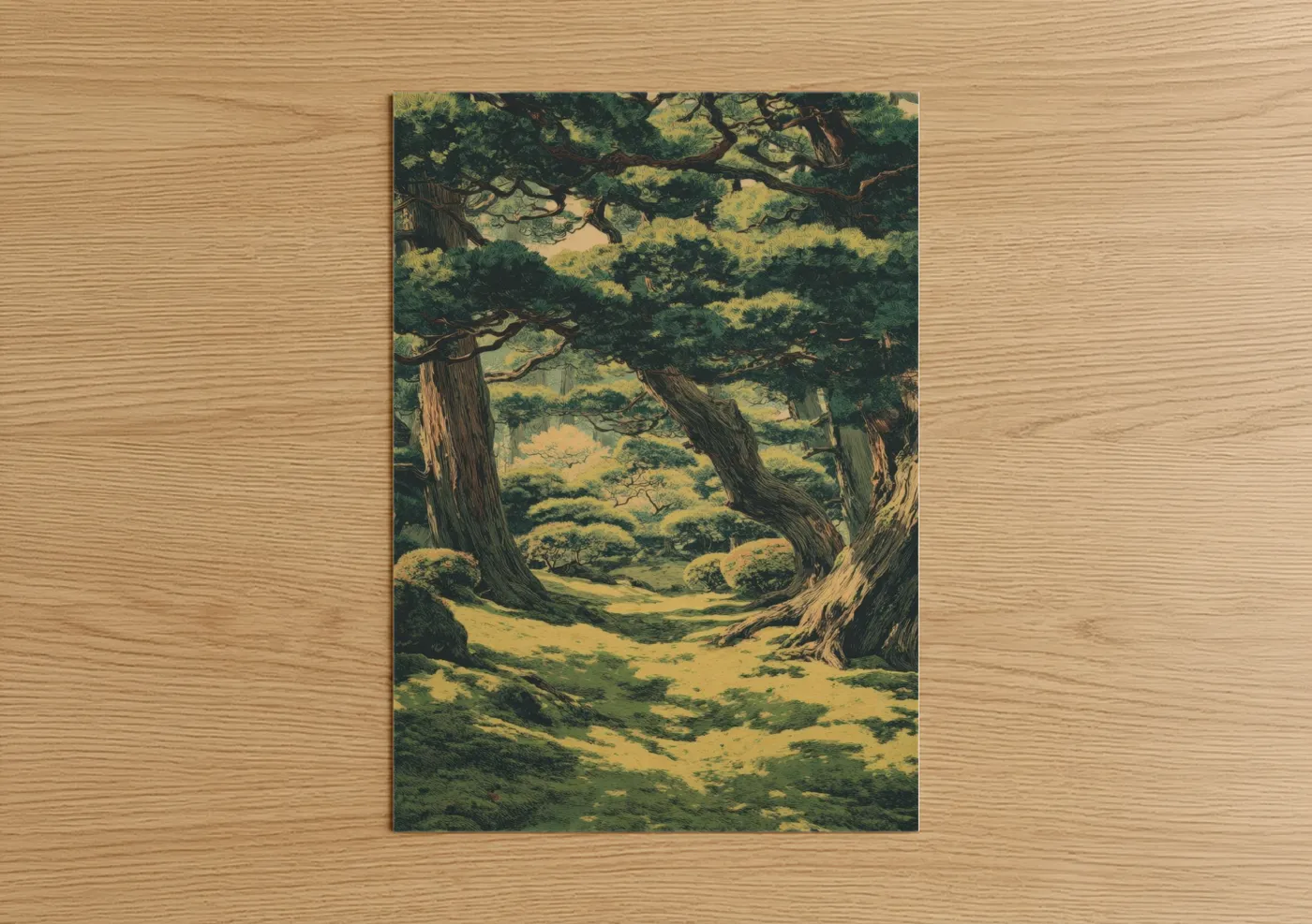 Cedar forest art print on warm oak wood — green and gold palette — Enchanted Cedar Grove poster