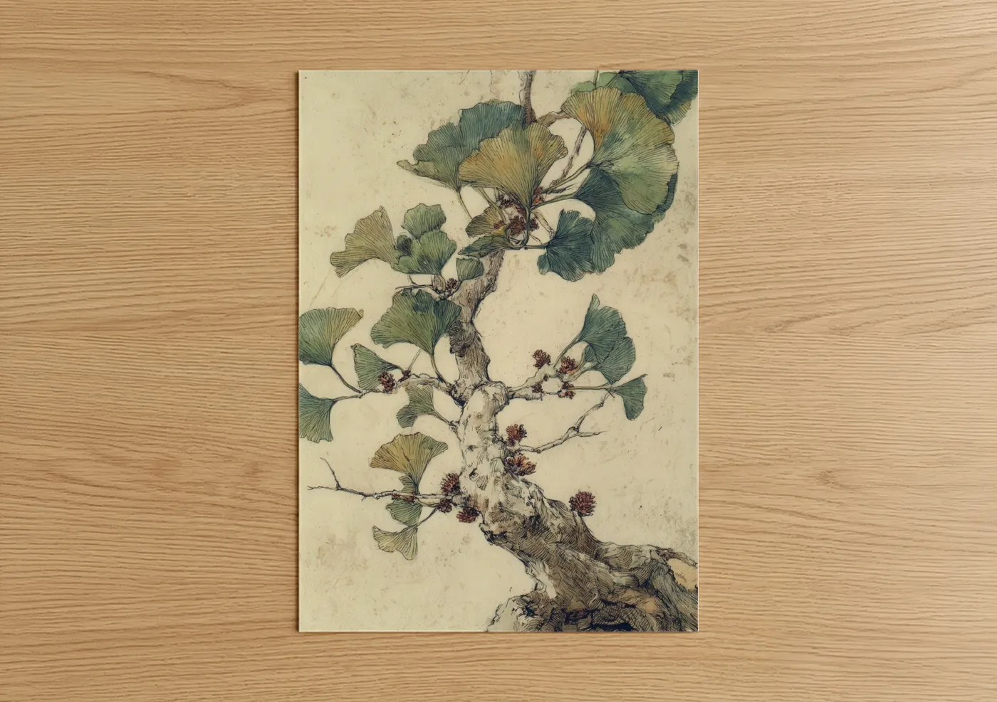 Bonsai tree art print on warm oak wood — cream and sage green palette — Ginkgo Bonsai poster