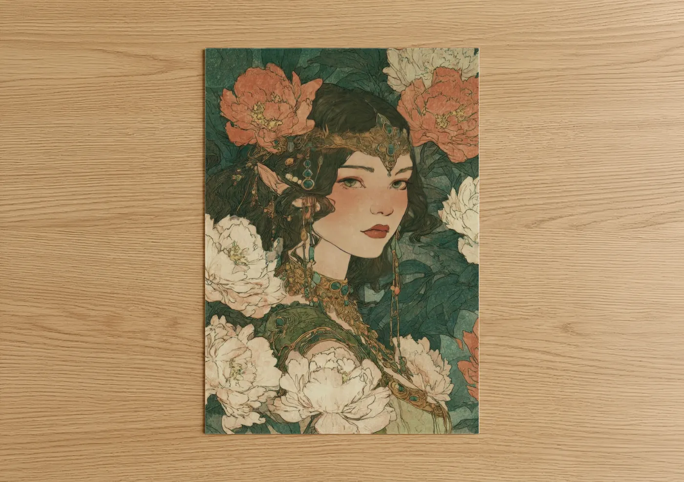 Art print on warm oak wood — dark green and peach palette — Floral Elf poster